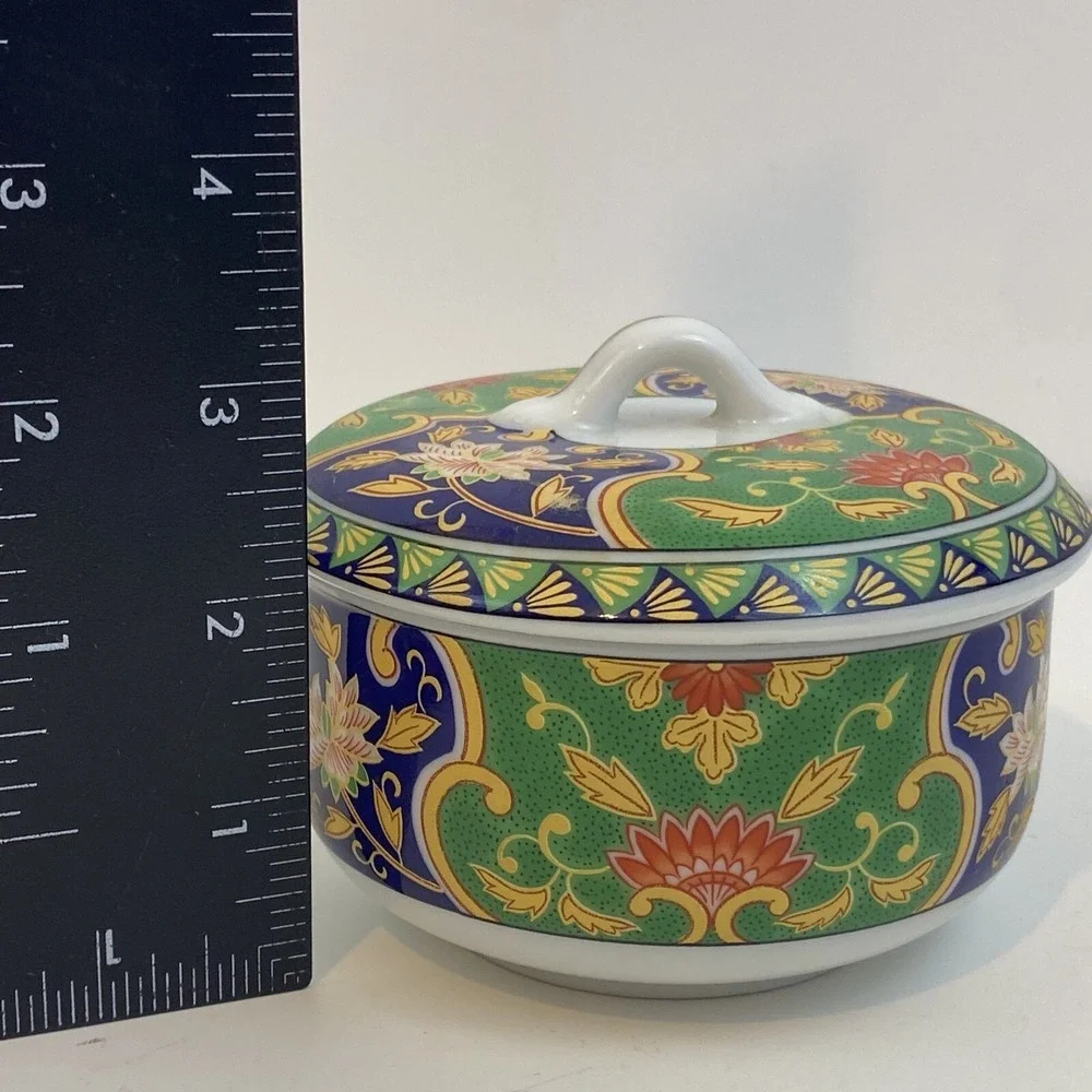 Andrea By Sadek Asian Porcelain Cloisonne Style Jar Trinket Box Lotus Floral Vtg